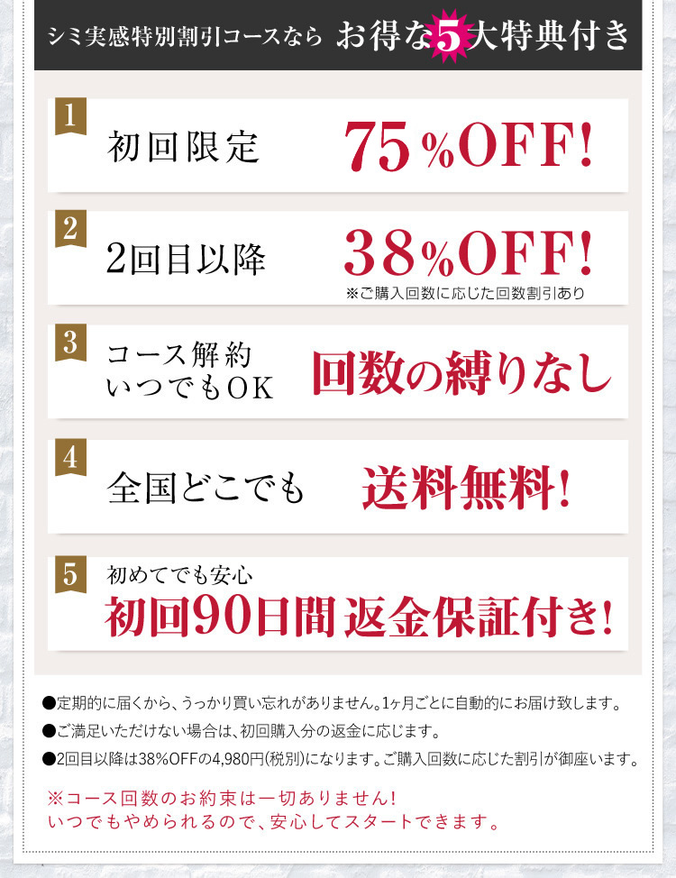 シミ実感特別割引コースならお得な5大特典付き